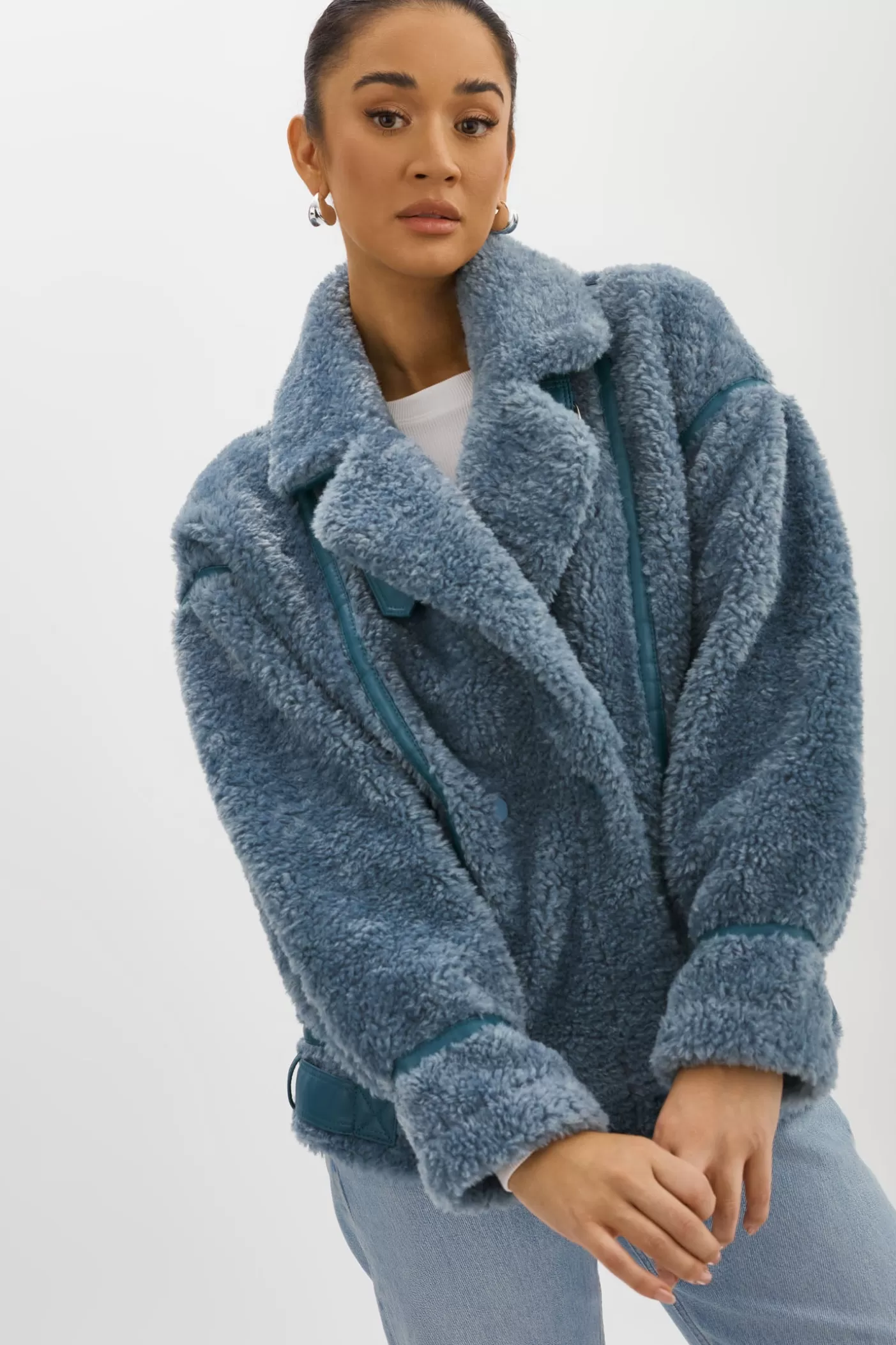 LAMARQUE BADU | Veste Oversize En Fausse Peau De Mouton Bleu poussiéreux Discount