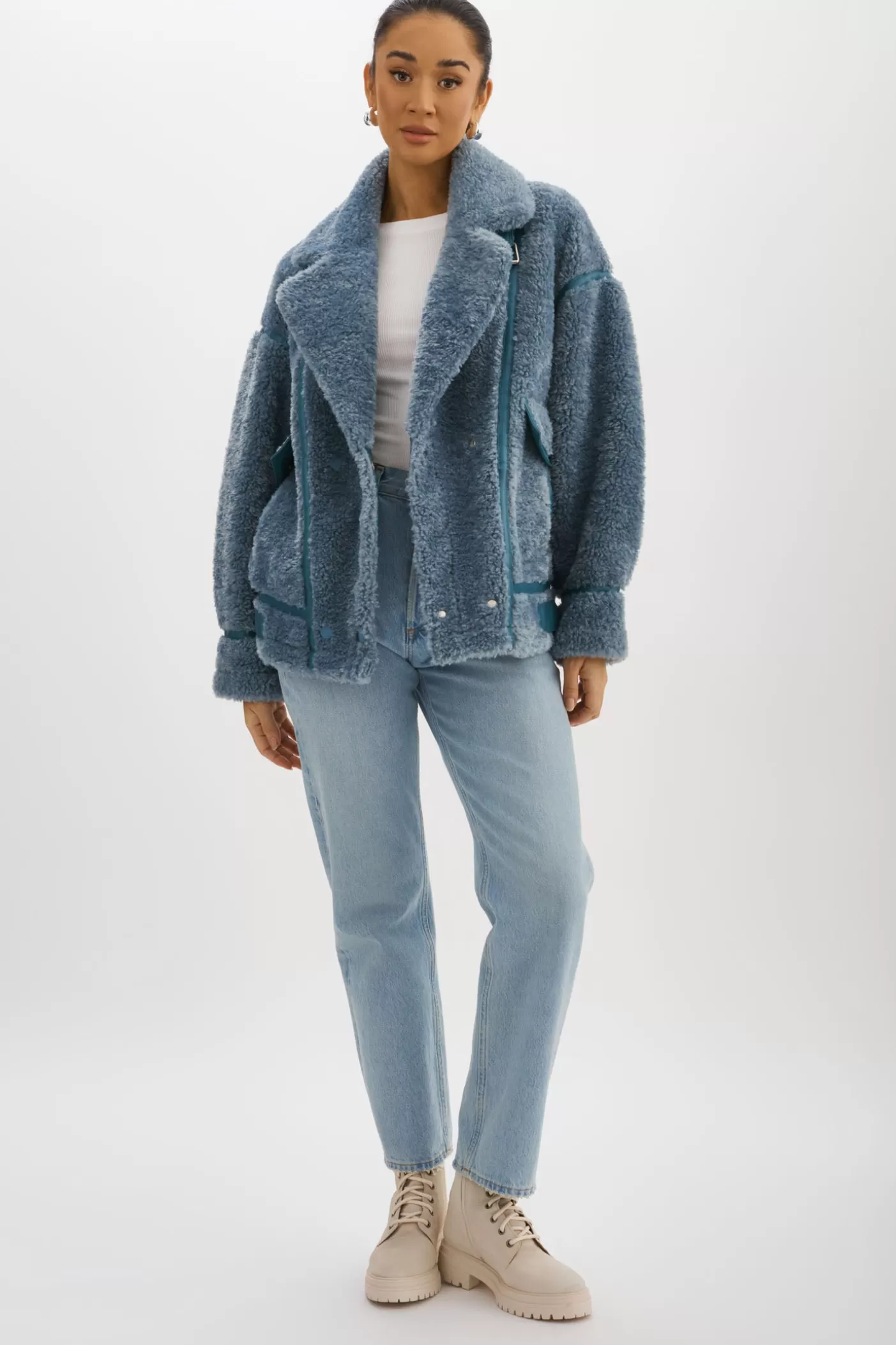 LAMARQUE BADU | Veste Oversize En Fausse Peau De Mouton Bleu poussiéreux Discount