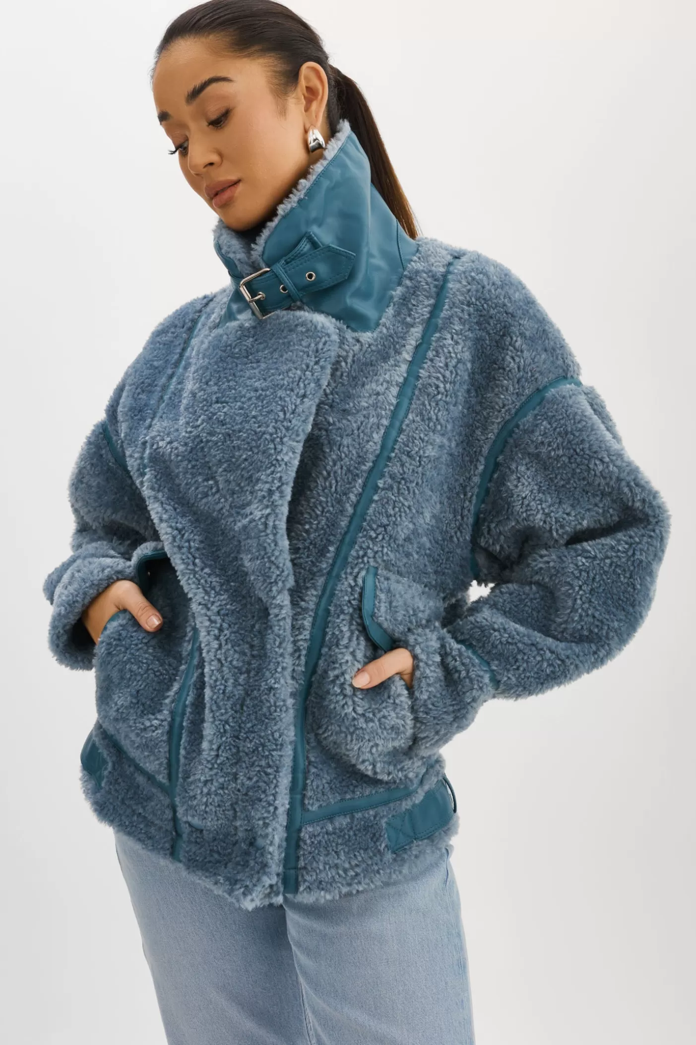 LAMARQUE BADU | Veste Oversize En Fausse Peau De Mouton Bleu poussiéreux Discount