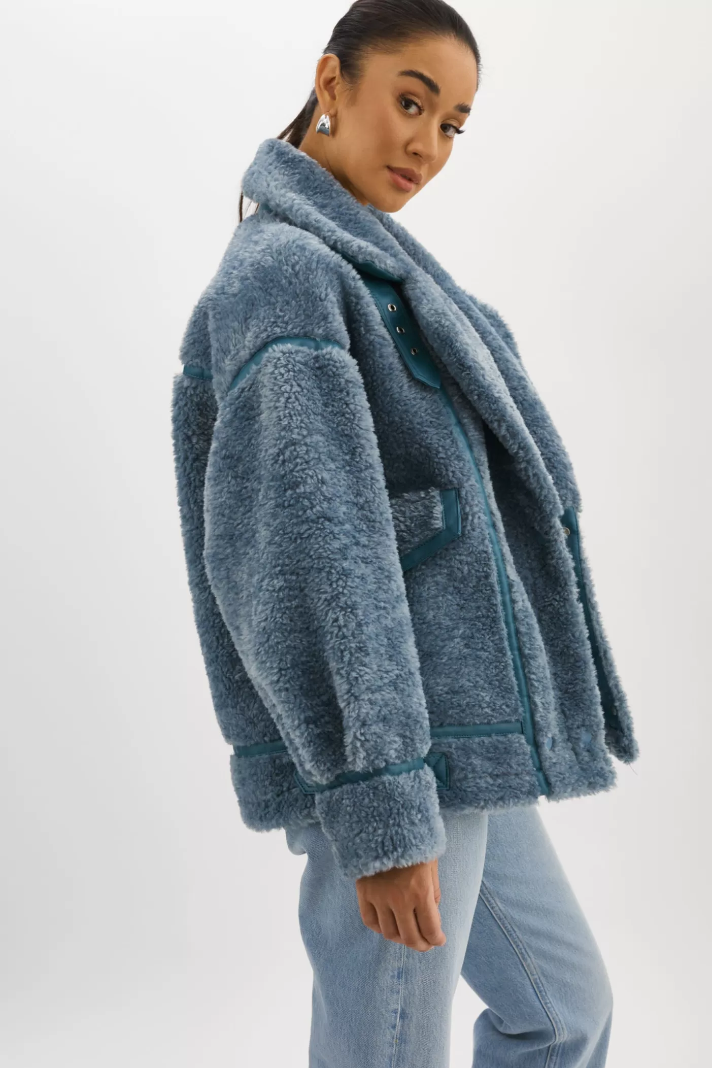 LAMARQUE BADU | Veste Oversize En Fausse Peau De Mouton Bleu poussiéreux Discount