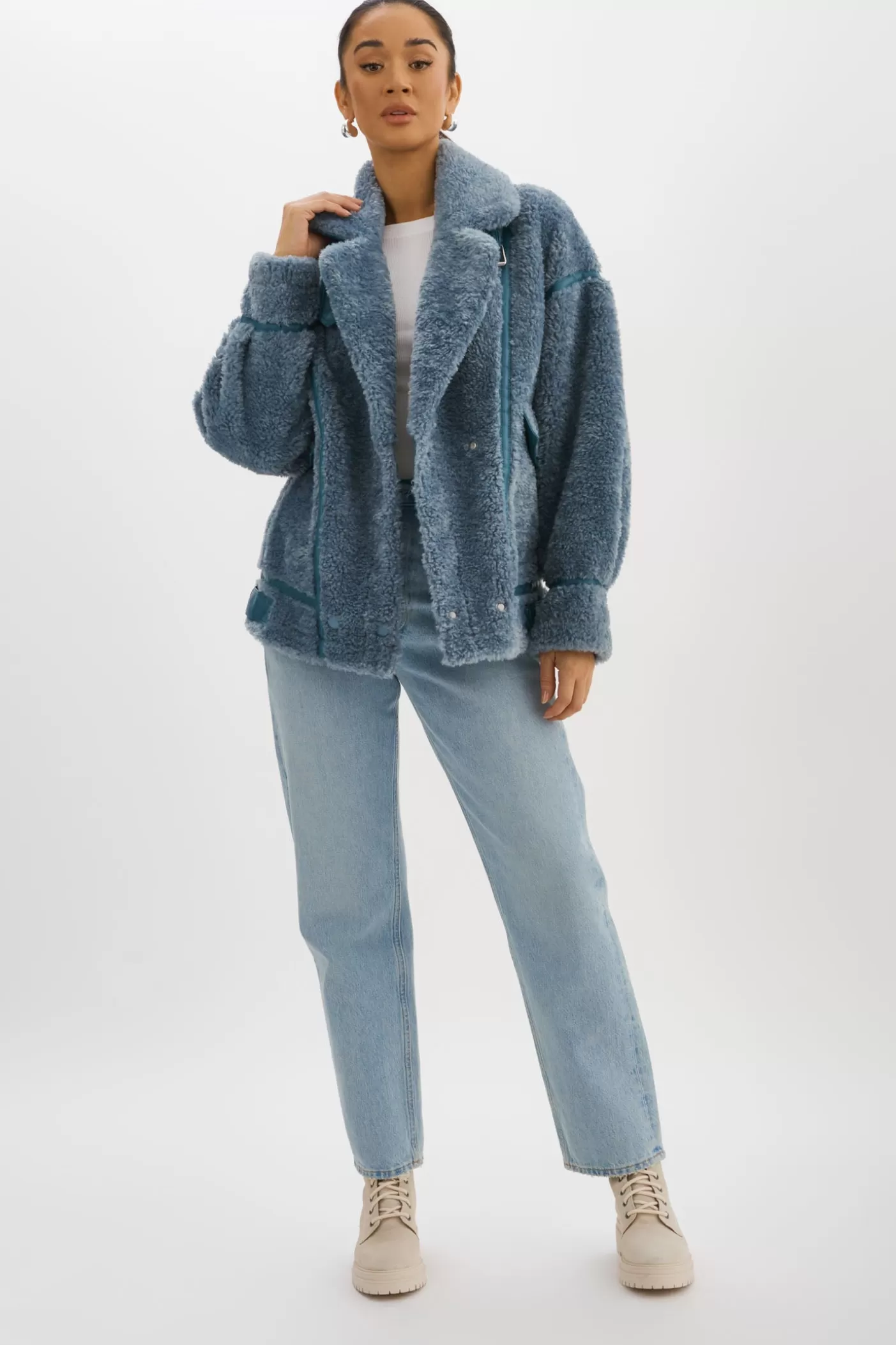 LAMARQUE BADU | Veste Oversize En Fausse Peau De Mouton Bleu poussiéreux Discount
