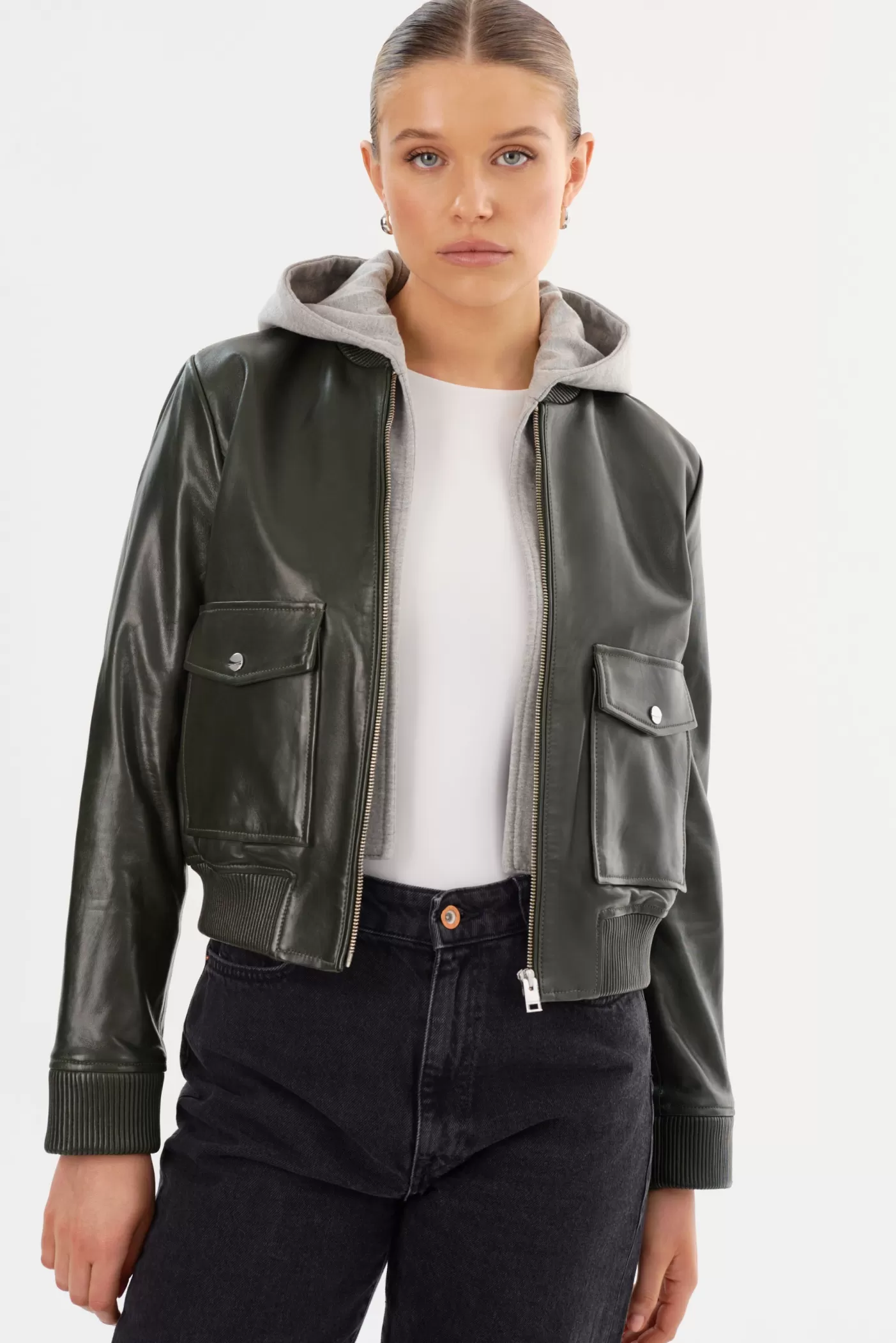 LAMARQUE CANDACE | Leather Bomber Jacket Dark Olive/Heather Grey Fashion