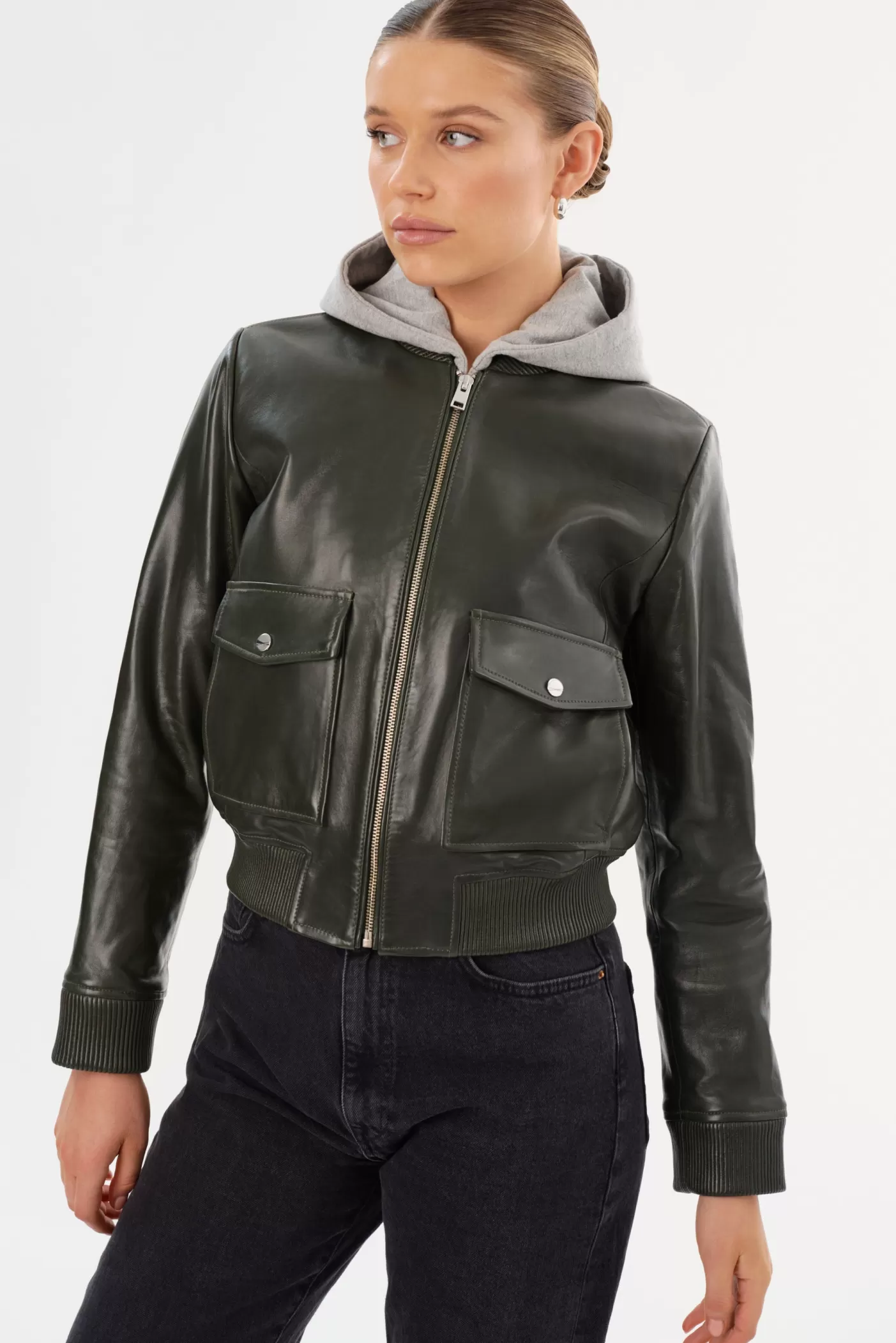 LAMARQUE CANDACE | Leather Bomber Jacket Dark Olive/Heather Grey Fashion